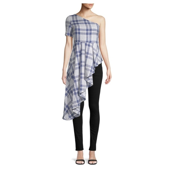 NEW English Factory Plaid Tartan One-Shoulder Ruffled Top Small - Picture 1 of 6